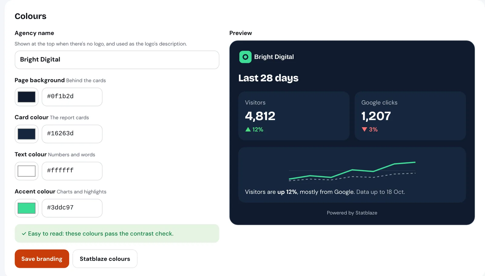 The Branding page with colour pickers and a live preview.