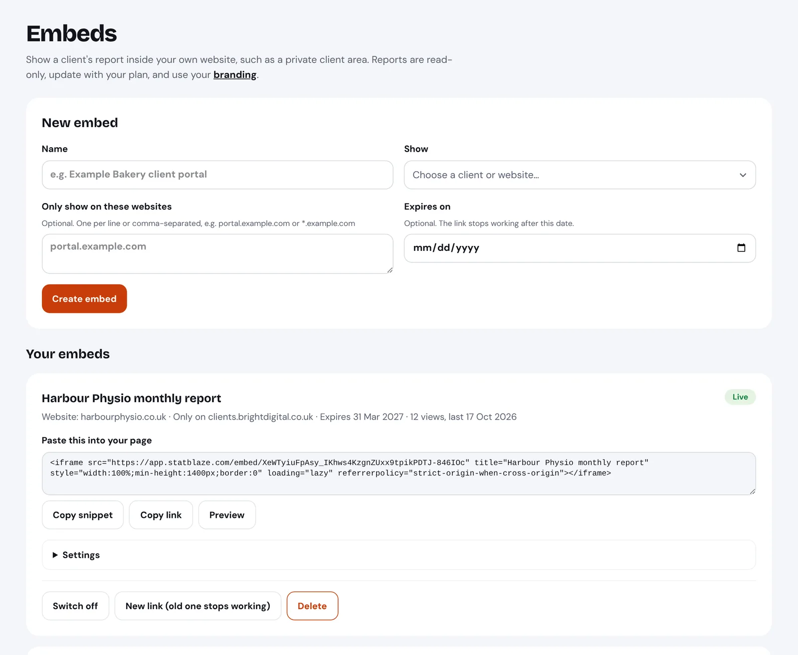 The Embeds page: each embed's link, domain lock and expiry.