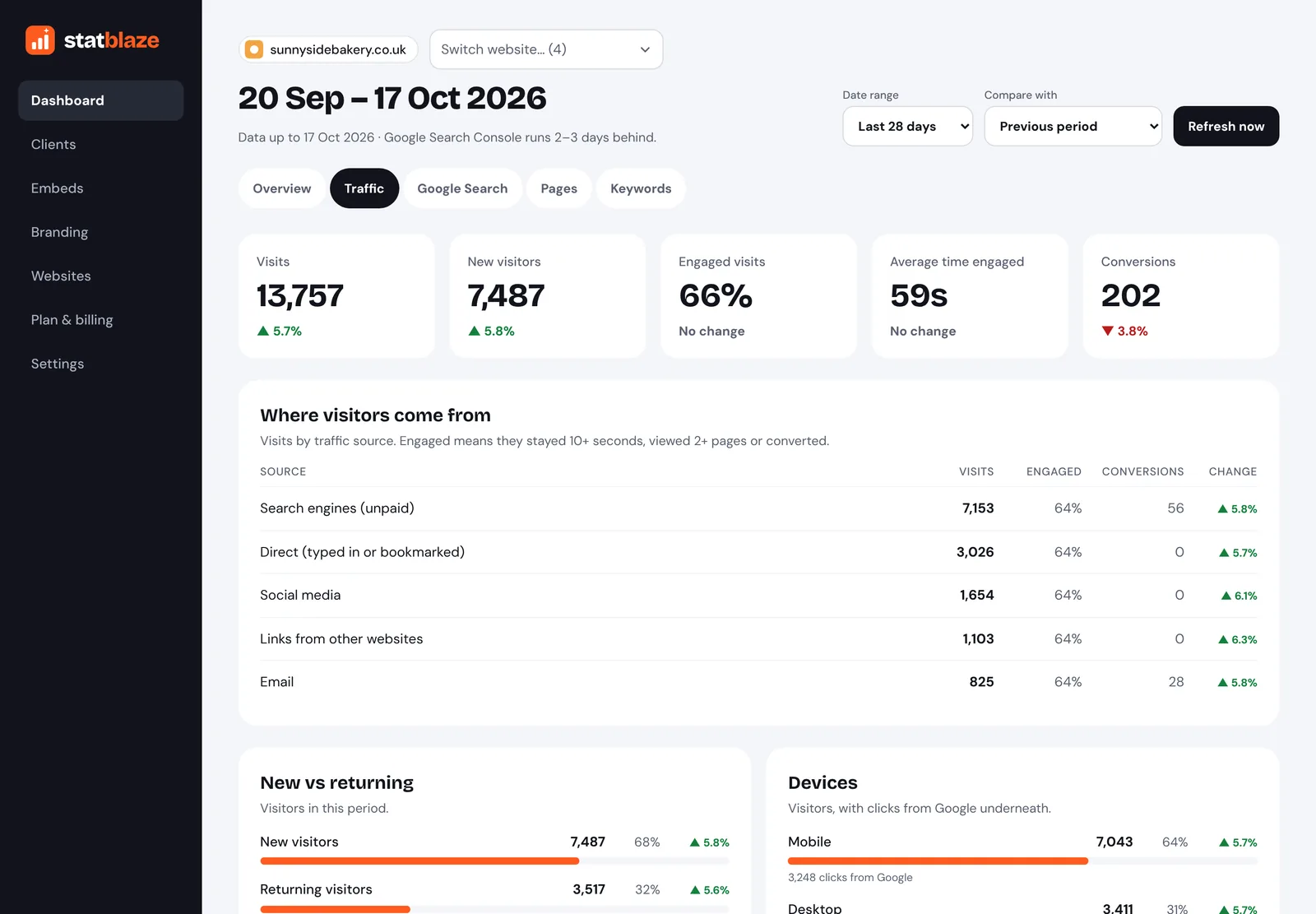 The Traffic tab: traffic sources, new and returning visitors, devices and countries.